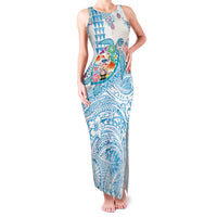 Hawaiian and Japanese Culture Together Family Matching Tank Maxi Dress and Hawaiian Shirt Tropical Honu with Japanese Elements Blue Color LT03 Mom's Dress Blue - Polynesian Pride