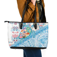 Hawaiian and Japanese Culture Together Leather Tote Bag Tropical Honu with Japanese Elements Blue Color