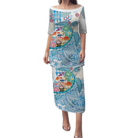 Hawaiian and Japanese Culture Together Puletasi Tropical Honu with Japanese Elements Blue Color
