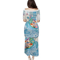 Hawaiian and Japanese Culture Together Puletasi Tropical Honu with Japanese Elements Blue Color