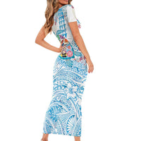 Hawaiian and Japanese Culture Together Short Sleeve Bodycon Dress Tropical Honu with Japanese Elements Blue Color LT03 - Polynesian Pride