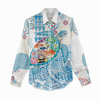 Hawaiian and Japanese Culture Together Women Casual Shirt Tropical Honu with Japanese Elements Blue Color LT03 - Polynesian Pride