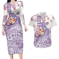 Hawaiian and Japanese Culture Together Couples Matching Long Sleeve Bodycon Dress and Hawaiian Shirt Tropical Honu with Japanese Elements Purple Color LT03 Purple - Polynesian Pride