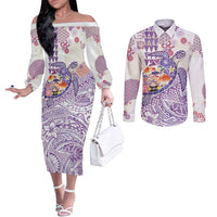 Hawaiian and Japanese Culture Together Couples Matching Off The Shoulder Long Sleeve Dress and Long Sleeve Button Shirt Tropical Honu with Japanese Elements Purple Color LT03 Purple - Polynesian Pride