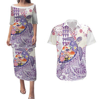 Hawaiian and Japanese Culture Together Couples Matching Puletasi and Hawaiian Shirt Tropical Honu with Japanese Elements Purple Color LT03 Purple - Polynesian Pride