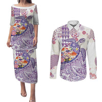 Hawaiian and Japanese Culture Together Couples Matching Puletasi and Long Sleeve Button Shirt Tropical Honu with Japanese Elements Purple Color LT03 Purple - Polynesian Pride