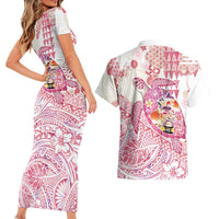 Hawaiian and Japanese Culture Together Couples Matching Short Sleeve Bodycon Dress and Hawaiian Shirt Tropical Honu with Japanese Elements Pink Color LT03 - Polynesian Pride