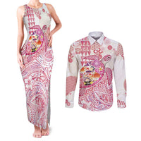 Hawaiian and Japanese Culture Together Couples Matching Tank Maxi Dress and Long Sleeve Button Shirt Tropical Honu with Japanese Elements Pink Color LT03 Pink - Polynesian Pride