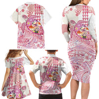 Hawaiian and Japanese Culture Together Family Matching Long Sleeve Bodycon Dress and Hawaiian Shirt Tropical Honu with Japanese Elements Pink Color LT03 - Polynesian Pride