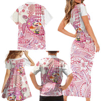 Hawaiian and Japanese Culture Together Family Matching Short Sleeve Bodycon Dress and Hawaiian Shirt Tropical Honu with Japanese Elements Pink Color LT03 - Polynesian Pride