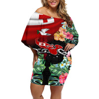 Personalised Tonga Emancipation Day Off Shoulder Short Dress Flag Map and Hibiscus Flower Ngatu Pattern LT03 Women Black - Polynesian Pride