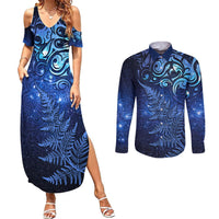 New Zealand Matariki Couples Matching Summer Maxi Dress and Long Sleeve Button Shirt Maori Pattern and Silver Fern LT03 Blue - Polynesian Pride