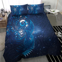 Aotearoa New Zealand New Year Bedding Set Tribal Koru Tattoo Blue Galaxy Maori Silver Fern