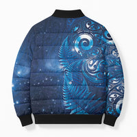 Aotearoa New Zealand New Year Bomber Puffer Jacket Tribal Koru Tattoo Blue Galaxy Maori Silver Fern