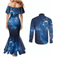 Aotearoa New Zealand New Year Couples Matching Mermaid Dress and Long Sleeve Button Shirt Tribal Koru Tattoo Blue Galaxy Maori Silver Fern LT03 - Polynesian Pride
