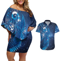 Aotearoa New Zealand New Year Couples Matching Off Shoulder Short Dress and Hawaiian Shirt Tribal Koru Tattoo Blue Galaxy Maori Silver Fern LT03 Blue - Polynesian Pride