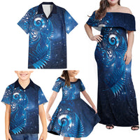 Aotearoa New Zealand New Year Family Matching Off Shoulder Maxi Dress and Hawaiian Shirt Tribal Koru Tattoo Blue Galaxy Maori Silver Fern LT03 - Polynesian Pride