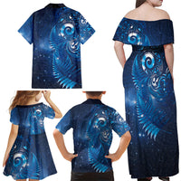 Aotearoa New Zealand New Year Family Matching Off Shoulder Maxi Dress and Hawaiian Shirt Tribal Koru Tattoo Blue Galaxy Maori Silver Fern LT03 - Polynesian Pride