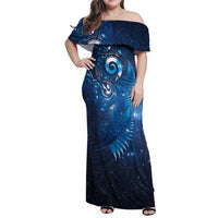 Aotearoa New Zealand New Year Family Matching Off Shoulder Maxi Dress and Hawaiian Shirt Tribal Koru Tattoo Blue Galaxy Maori Silver Fern LT03 Mom's Dress Blue - Polynesian Pride