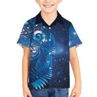 Aotearoa New Zealand New Year Family Matching Off Shoulder Maxi Dress and Hawaiian Shirt Tribal Koru Tattoo Blue Galaxy Maori Silver Fern LT03 Son's Shirt Blue - Polynesian Pride