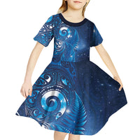 Aotearoa New Zealand New Year Kid Short Sleeve Dress Tribal Koru Tattoo Blue Galaxy Maori Silver Fern LT03 - Polynesian Pride