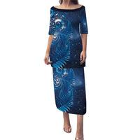 Aotearoa New Zealand New Year Puletasi Tribal Koru Tattoo Blue Galaxy Maori Silver Fern LT03 Long Dress Blue - Polynesian Pride