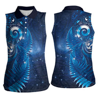 Aotearoa New Zealand New Year Women Sleeveless Polo Shirt Tribal Koru Tattoo Blue Galaxy Maori Silver Fern LT03 - Polynesian Pride