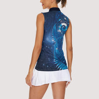 Aotearoa New Zealand New Year Women Sleeveless Polo Shirt Tribal Koru Tattoo Blue Galaxy Maori Silver Fern LT03 - Polynesian Pride