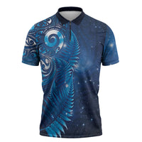 Aotearoa New Zealand New Year Zipper Polo Shirt Tribal Koru Tattoo Blue Galaxy Maori Silver Fern LT03 Blue - Polynesian Pride