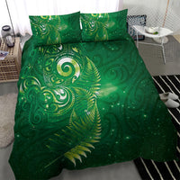 Aotearoa New Zealand New Year Bedding Set Tribal Koru Tattoo Green Galaxy Maori Silver Fern