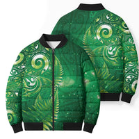 Aotearoa New Zealand New Year Bomber Puffer Jacket Tribal Koru Tattoo Green Galaxy Maori Silver Fern