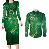 Aotearoa New Zealand New Year Couples Matching Long Sleeve Bodycon Dress and Long Sleeve Button Shirt Tribal Koru Tattoo Green Galaxy Maori Silver Fern LT03 Green - Polynesian Pride