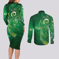 Aotearoa New Zealand New Year Couples Matching Long Sleeve Bodycon Dress and Long Sleeve Button Shirt Tribal Koru Tattoo Green Galaxy Maori Silver Fern LT03 - Polynesian Pride