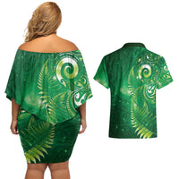 Aotearoa New Zealand New Year Couples Matching Off Shoulder Short Dress and Hawaiian Shirt Tribal Koru Tattoo Green Galaxy Maori Silver Fern LT03 - Polynesian Pride