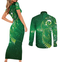 Aotearoa New Zealand New Year Couples Matching Short Sleeve Bodycon Dress and Long Sleeve Button Shirt Tribal Koru Tattoo Green Galaxy Maori Silver Fern LT03 - Polynesian Pride
