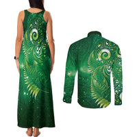 Aotearoa New Zealand New Year Couples Matching Tank Maxi Dress and Long Sleeve Button Shirt Tribal Koru Tattoo Green Galaxy Maori Silver Fern LT03 - Polynesian Pride