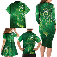 Aotearoa New Zealand New Year Family Matching Long Sleeve Bodycon Dress and Hawaiian Shirt Tribal Koru Tattoo Green Galaxy Maori Silver Fern LT03 - Polynesian Pride
