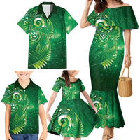 Aotearoa New Zealand New Year Family Matching Mermaid Dress and Hawaiian Shirt Tribal Koru Tattoo Green Galaxy Maori Silver Fern LT03 - Polynesian Pride