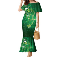Aotearoa New Zealand New Year Family Matching Mermaid Dress and Hawaiian Shirt Tribal Koru Tattoo Green Galaxy Maori Silver Fern LT03 Mom's Dress Green - Polynesian Pride