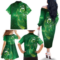 Aotearoa New Zealand New Year Family Matching Off The Shoulder Long Sleeve Dress and Hawaiian Shirt Tribal Koru Tattoo Green Galaxy Maori Silver Fern LT03 - Polynesian Pride