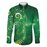 Aotearoa New Zealand New Year Family Matching Summer Maxi Dress and Hawaiian Shirt Tribal Koru Tattoo Green Galaxy Maori Silver Fern LT03 Dad's Shirt - Long Sleeve Green - Polynesian Pride