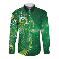 Aotearoa New Zealand New Year Long Sleeve Button Shirt Tribal Koru Tattoo Green Galaxy Maori Silver Fern LT03 Unisex Green - Polynesian Pride