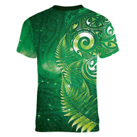 Aotearoa New Zealand New Year Women V-Neck T-Shirt Tribal Koru Tattoo Green Galaxy Maori Silver Fern LT03 - Polynesian Pride