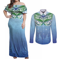 Aotearoa New Zealand New Year Couples Matching Off Shoulder Maxi Dress and Long Sleeve Button Shirt Maori Motifs with Silver Fern and Matariki Stars LT03 Multicolor - Polynesian Pride