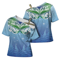 Aotearoa New Zealand New Year Cross Shoulder Shirt Maori Motifs with Silver Fern and Matariki Stars LT03 - Polynesian Pride