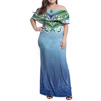 Aotearoa New Zealand New Year Family Matching Off Shoulder Maxi Dress and Hawaiian Shirt Maori Motifs with Silver Fern and Matariki Stars LT03 Mom's Dress Multicolor - Polynesian Pride