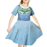 Aotearoa New Zealand New Year Kid Short Sleeve Dress Maori Motifs with Silver Fern and Matariki Stars LT03 - Polynesian Pride