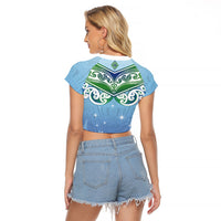 Aotearoa New Zealand New Year Raglan Cropped T Shirt Maori Motifs with Silver Fern and Matariki Stars LT03 - Polynesian Pride