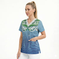 Aotearoa New Zealand New Year Scrub Top Maori Motifs with Silver Fern and Matariki Stars LT03 - Polynesian Pride