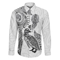 Aotearoa Moko Tribal Tattoo Family Matching Off Shoulder Short Dress and Hawaiian Shirt New Zealand Maori Penguin and Fantail White Color LT03 Dad's Shirt - Long Sleeve White - Polynesian Pride